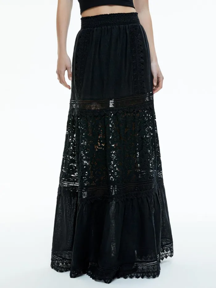 Skirts Women Alice Olivia REISE EMBROIDERED TIERED MAXI SKIRT Black