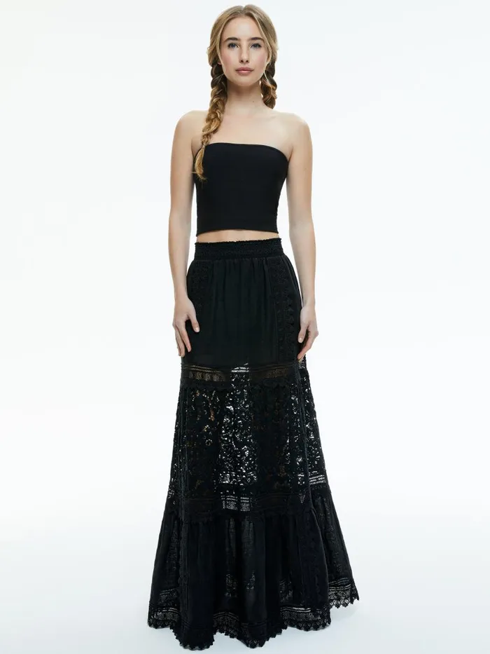 Skirts Women Alice Olivia REISE EMBROIDERED TIERED MAXI SKIRT Black