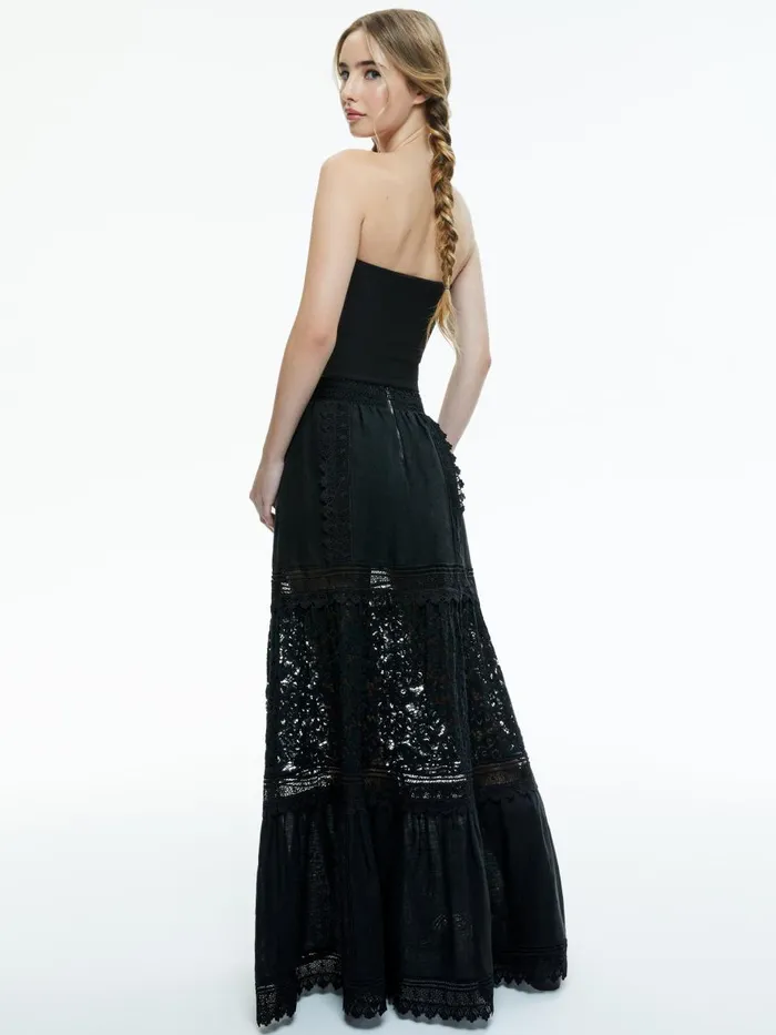 Skirts Women Alice Olivia REISE EMBROIDERED TIERED MAXI SKIRT Black