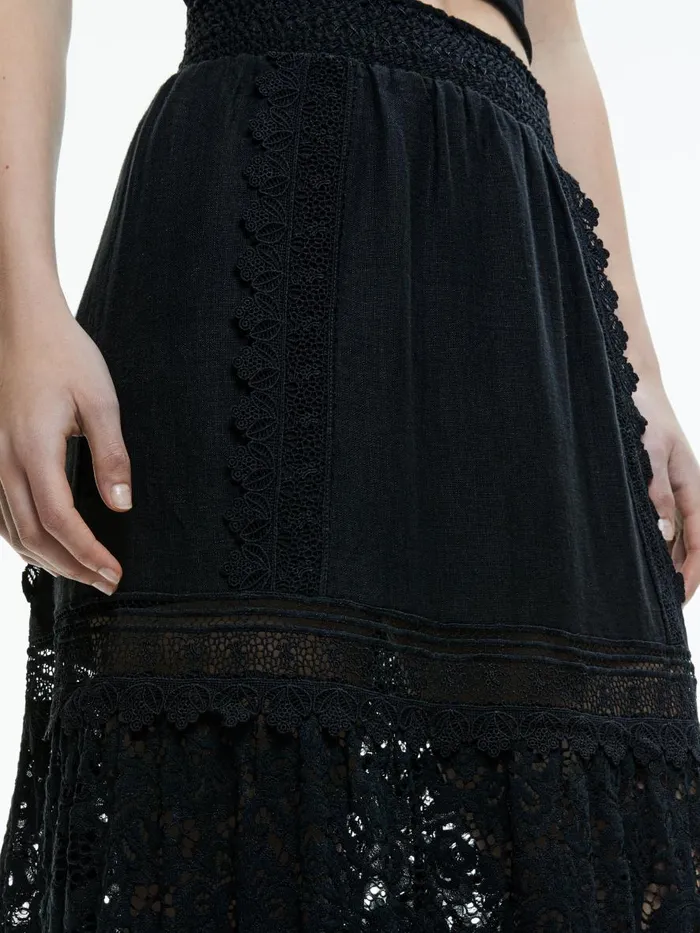 Skirts Women Alice Olivia REISE EMBROIDERED TIERED MAXI SKIRT Black