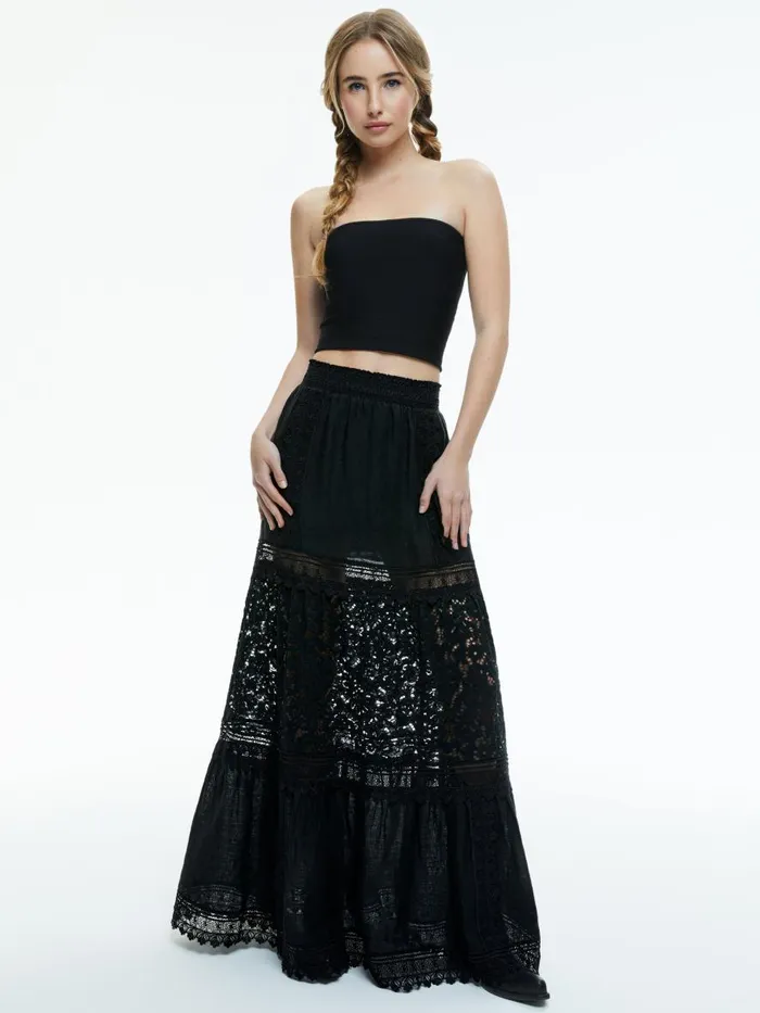 Skirts Women Alice Olivia REISE EMBROIDERED TIERED MAXI SKIRT Black