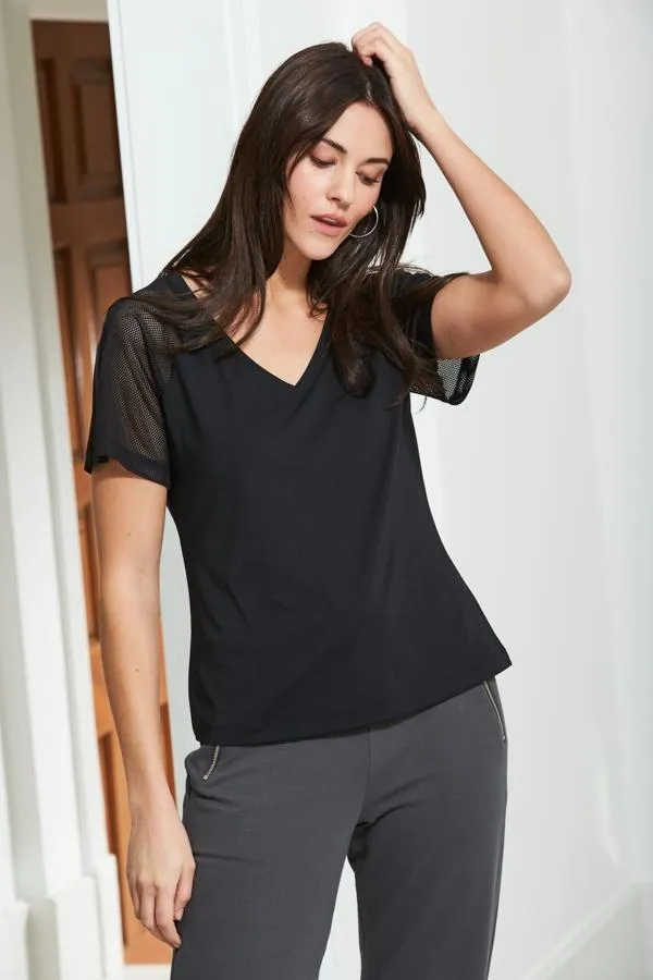 Sosandar Activewear Women Black Mesh Sleeve Breathe Activewear T Shirt Black