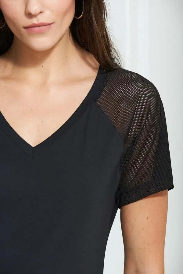 Sosandar Activewear Women Black Mesh Sleeve Breathe Activewear T Shirt Black