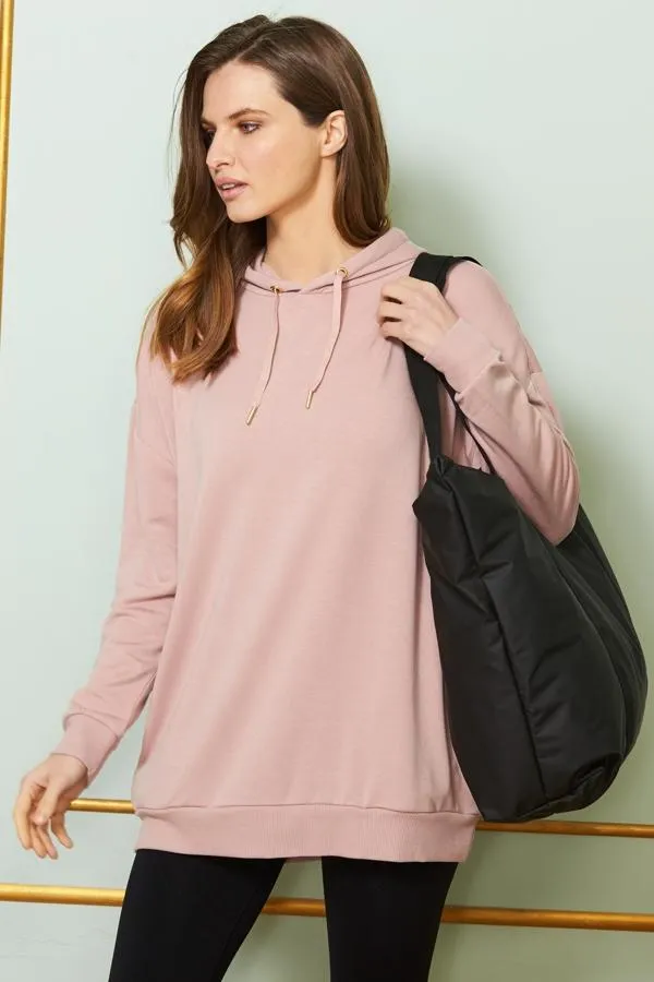 Sosandar Activewear Women Rose Pink Longline Hooded Top With Pockets Rose Pink