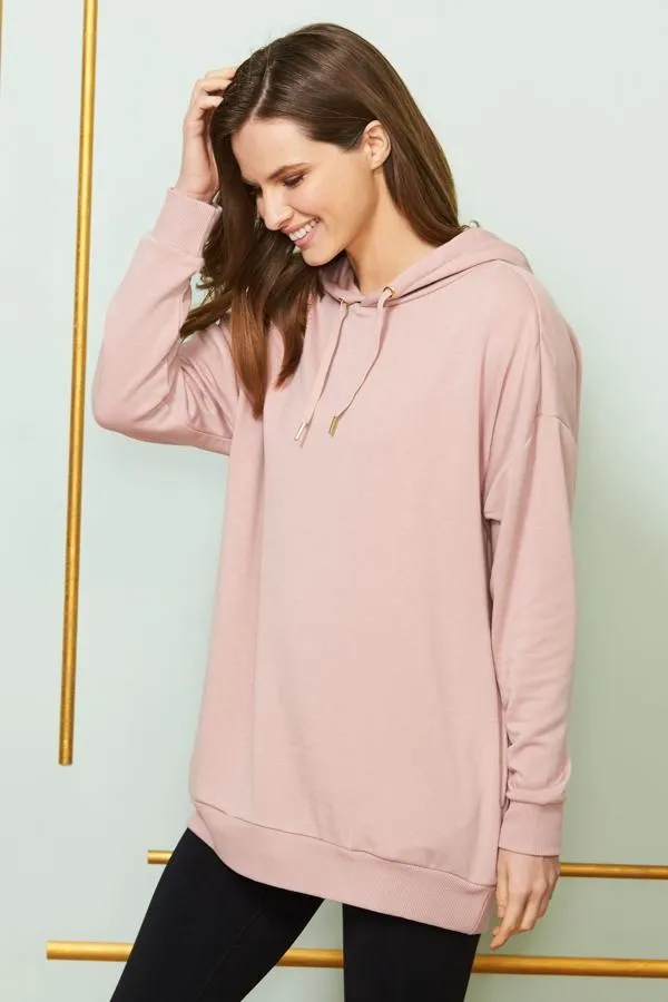 Sosandar Activewear Women Rose Pink Longline Hooded Top With Pockets Rose Pink