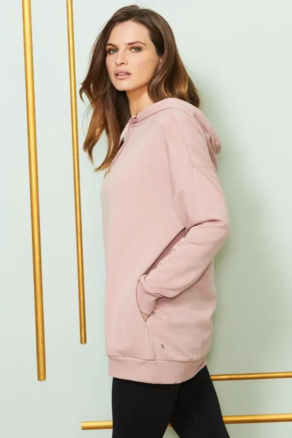 Sosandar Activewear Women Rose Pink Longline Hooded Top With Pockets Rose Pink