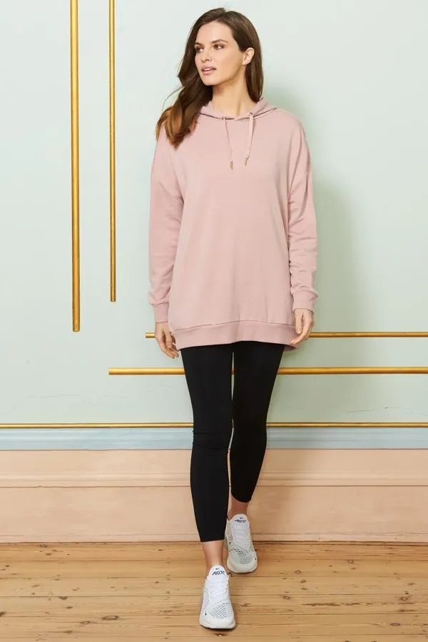 Sosandar Activewear Women Rose Pink Longline Hooded Top With Pockets Rose Pink