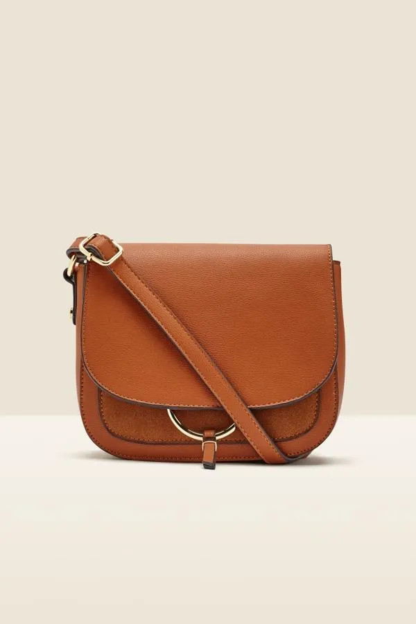 Sosandar Bags and Belts Women Tan Faux Leather Hoop Clasp Cross Body Bag Tan
