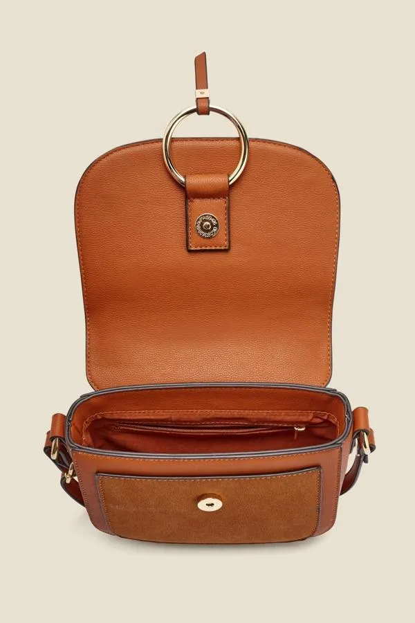Sosandar Bags and Belts Women Tan Faux Leather Hoop Clasp Cross Body Bag Tan