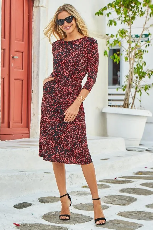 Sosandar Dresses Women Black and Red Animal Print Stretch Waist Midi Dress Black Red Sosandar Dresses Women Black and Red Animal Print Stretch Waist Midi Dress Black Red