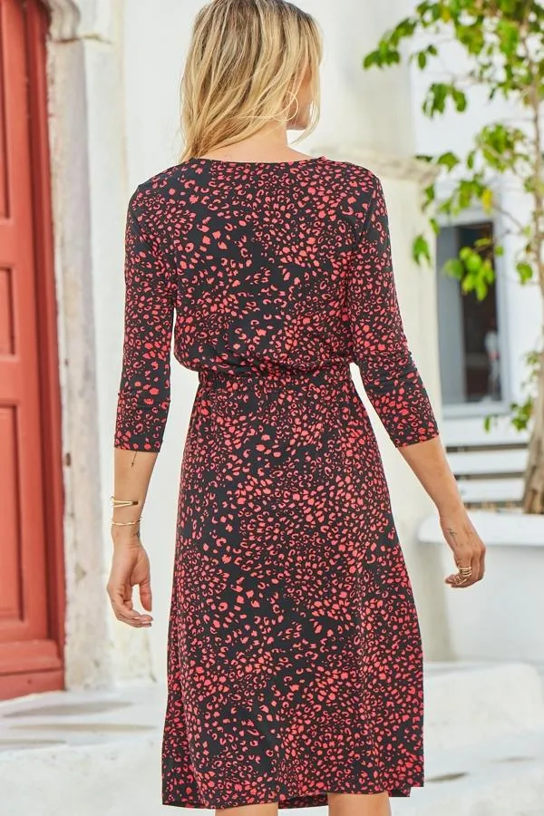 Sosandar Dresses Women Black and Red Animal Print Stretch Waist Midi Dress Black Red