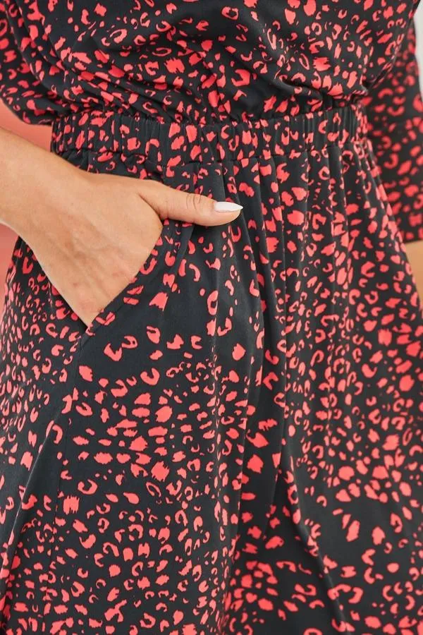 Sosandar Dresses Women Black and Red Animal Print Stretch Waist Midi Dress Black Red