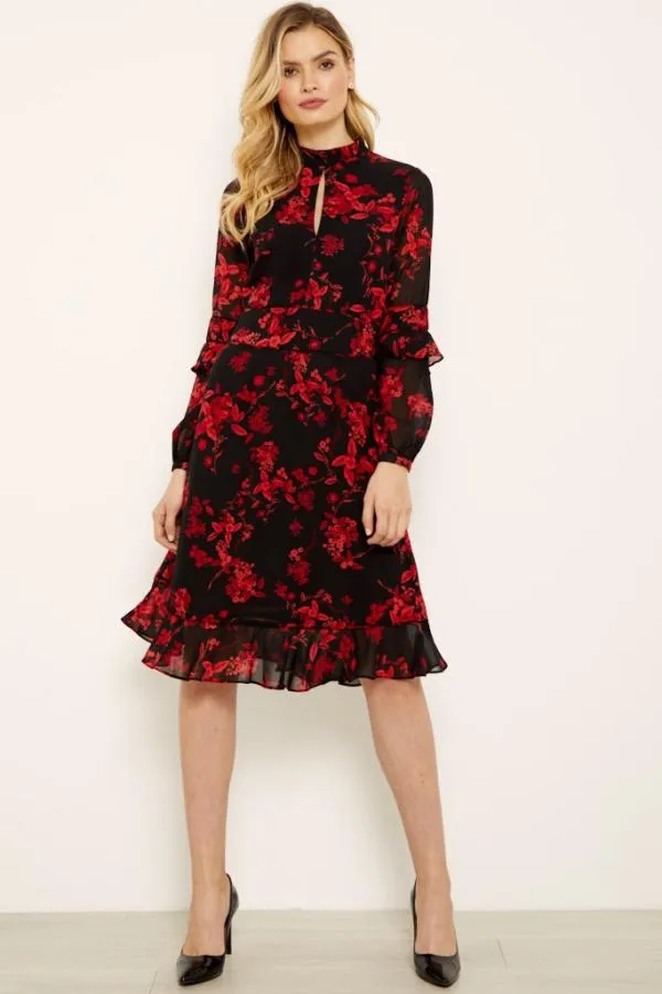 Sosandar Dresses Women Black and Red Floral Print Fit and Flare Ruffle Dress Black Red