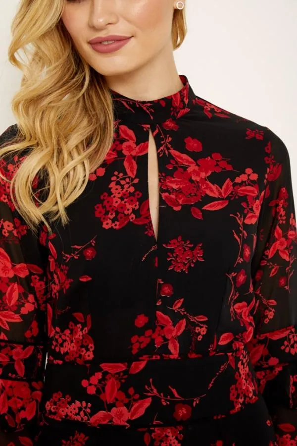 Sosandar Dresses Women Black and Red Floral Print Fit and Flare Ruffle Dress Black Red