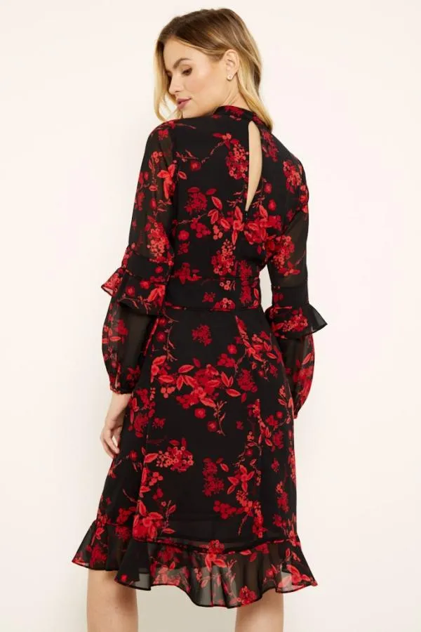 Sosandar Dresses Women Black and Red Floral Print Fit and Flare Ruffle Dress Black Red