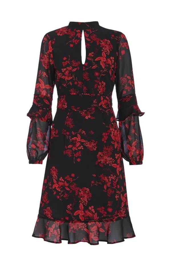 Sosandar Dresses Women Black and Red Floral Print Fit and Flare Ruffle Dress Black Red
