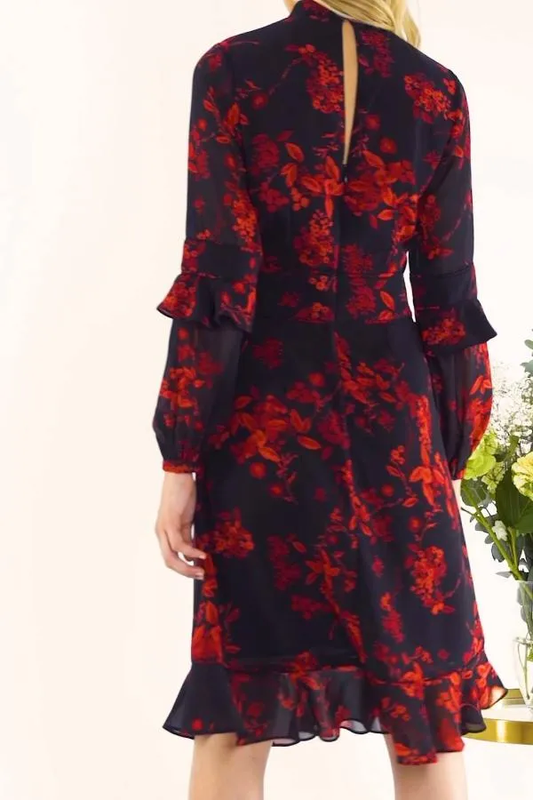Sosandar Dresses Women Black and Red Floral Print Fit and Flare Ruffle Dress Black Red