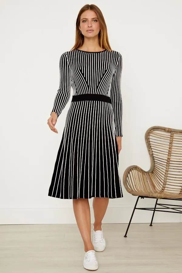 Sosandar Dresses Women Black and White Stripe Fit and Flare Knitted Dress Black White