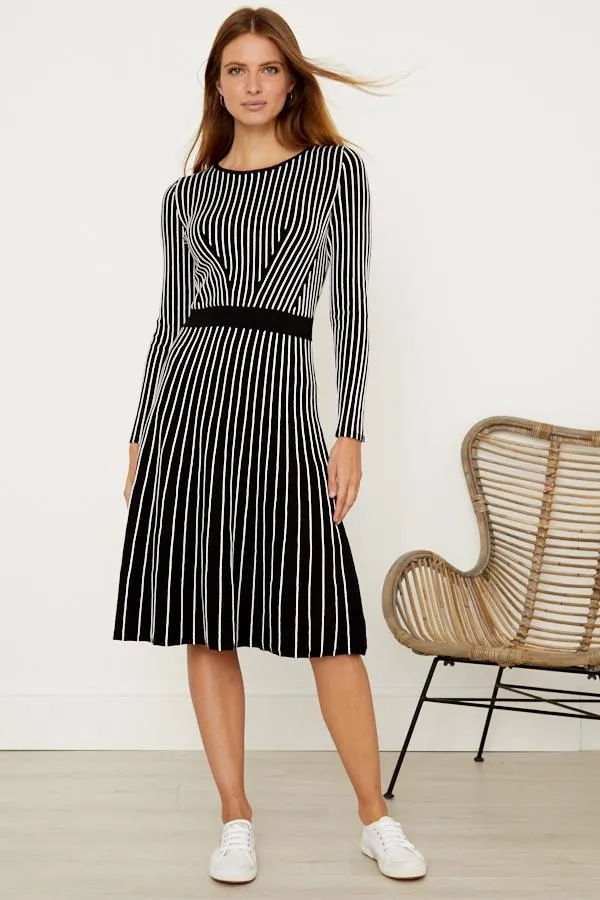 Sosandar Dresses Women Black and White Stripe Fit and Flare Knitted Dress Black White