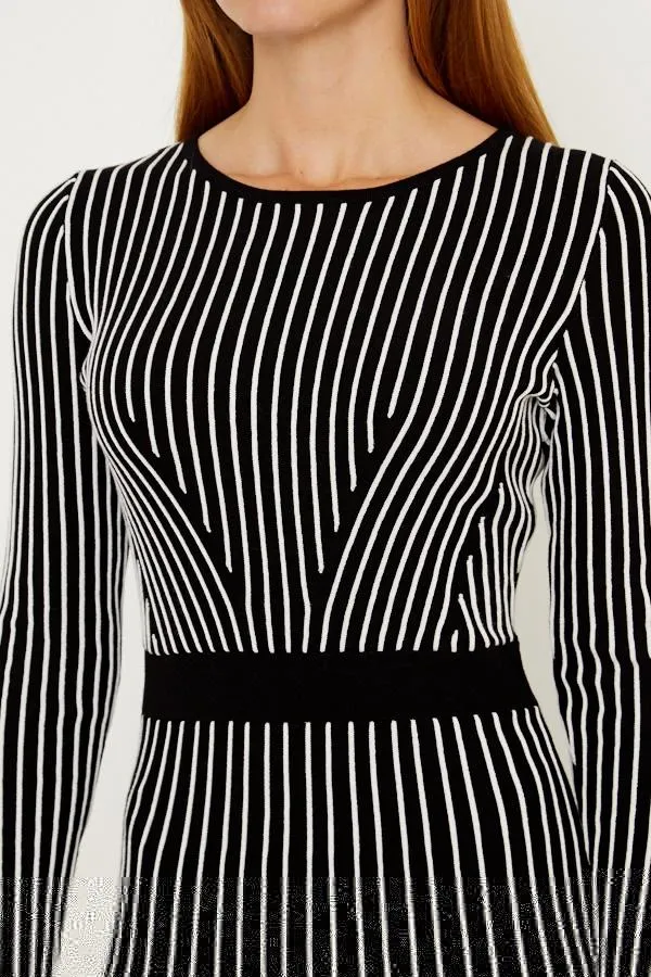 Sosandar Dresses Women Black and White Stripe Fit and Flare Knitted Dress Black White