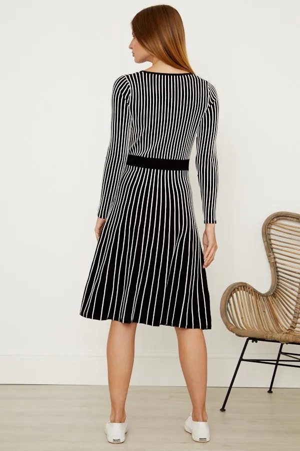 Sosandar Dresses Women Black and White Stripe Fit and Flare Knitted Dress Black White