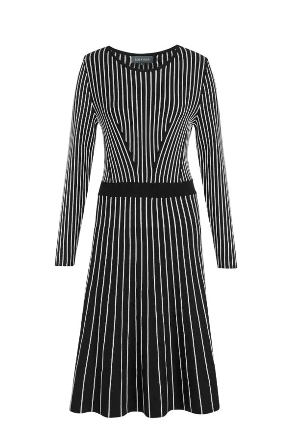 Sosandar Dresses Women Black and White Stripe Fit and Flare Knitted Dress Black White