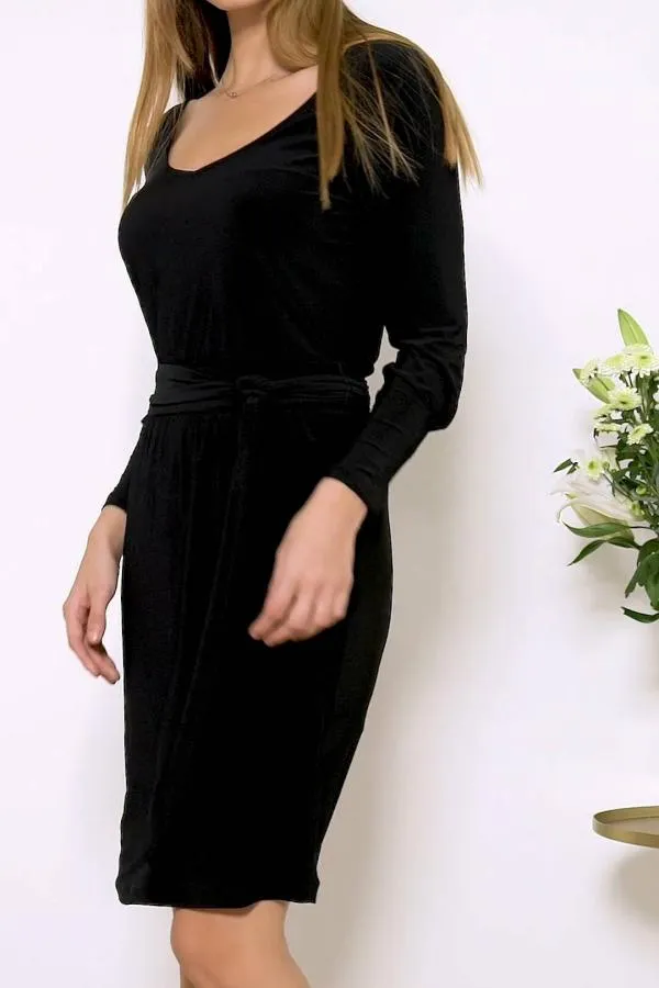 Sosandar Dresses Women Black Jersey Tie Waist Long Sleeve Dress Black
