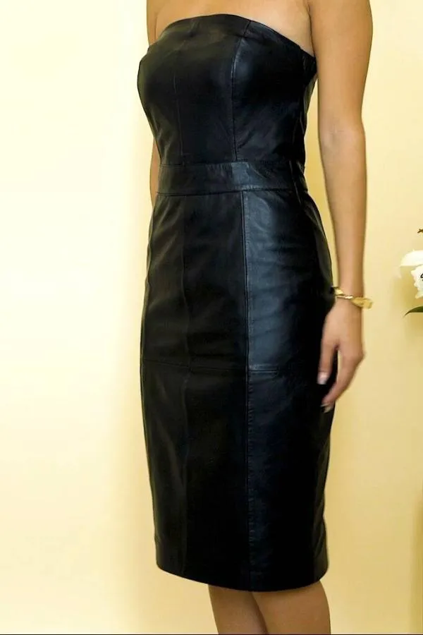 Sosandar Dresses Women Black Leather Bandeau Dress Black