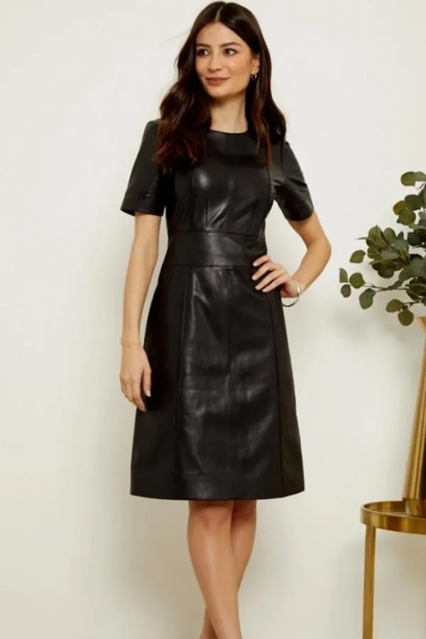 Sosandar Dresses Women Black Leather Panelled Shift Dress Black