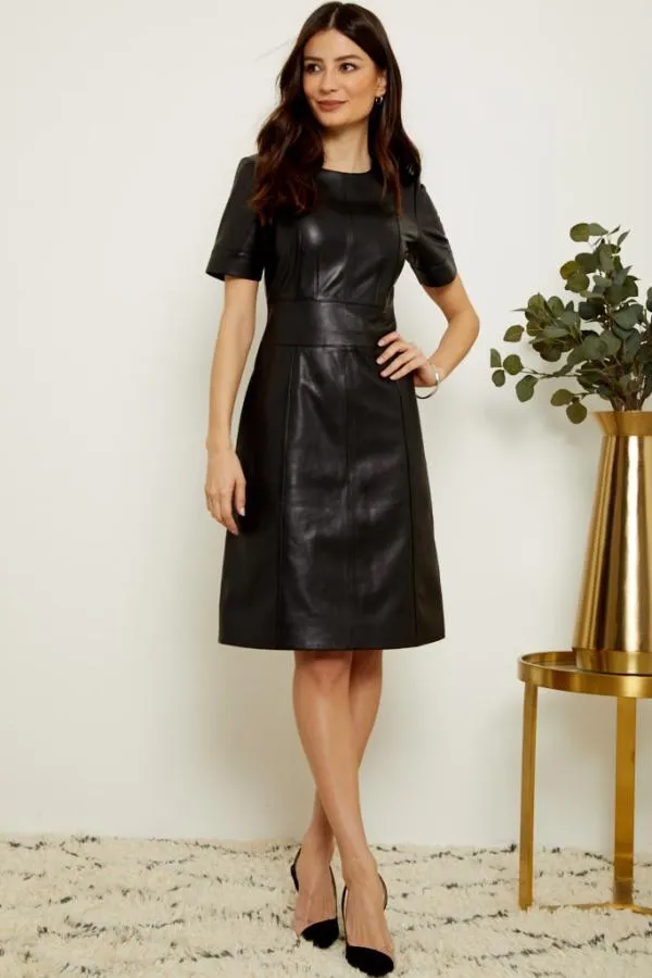 Sosandar Dresses Women Black Leather Panelled Shift Dress Black