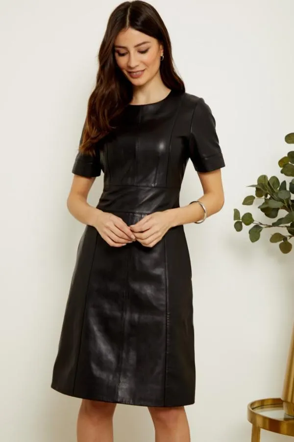 Sosandar Dresses Women Black Leather Panelled Shift Dress Black