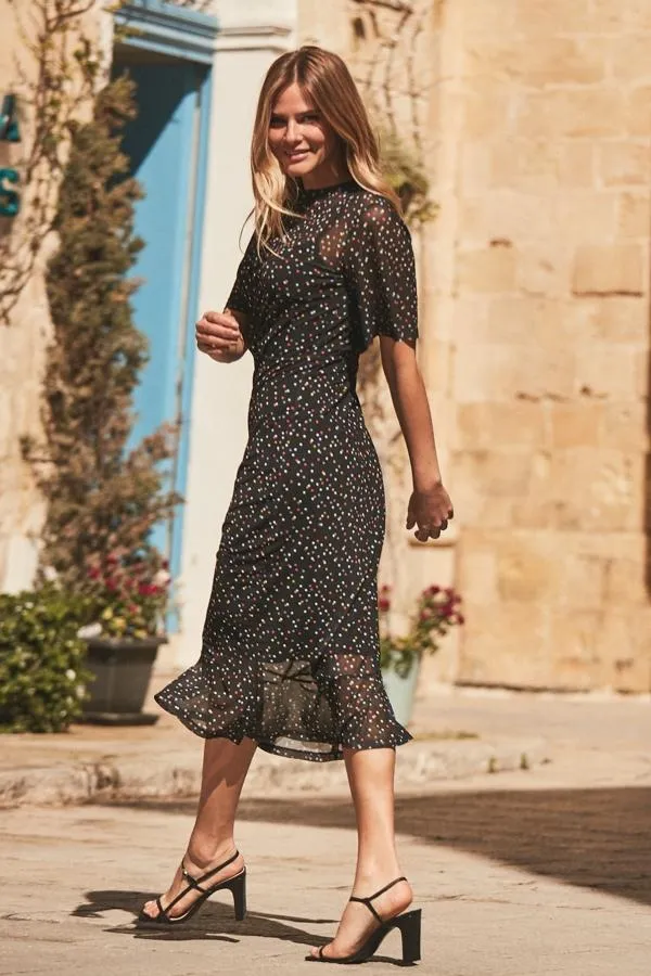 Sosandar Dresses Women Black Spot Print Mesh Midi Dress Black