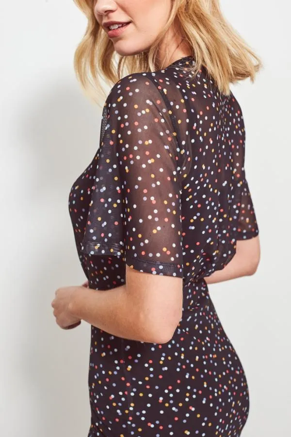 Sosandar Dresses Women Black Spot Print Mesh Midi Dress Black