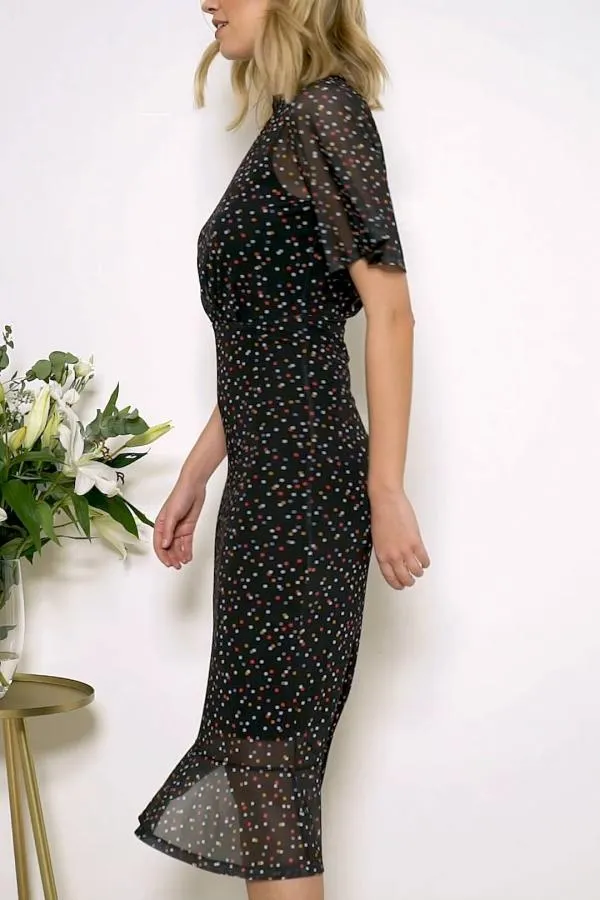 Sosandar Dresses Women Black Spot Print Mesh Midi Dress Black