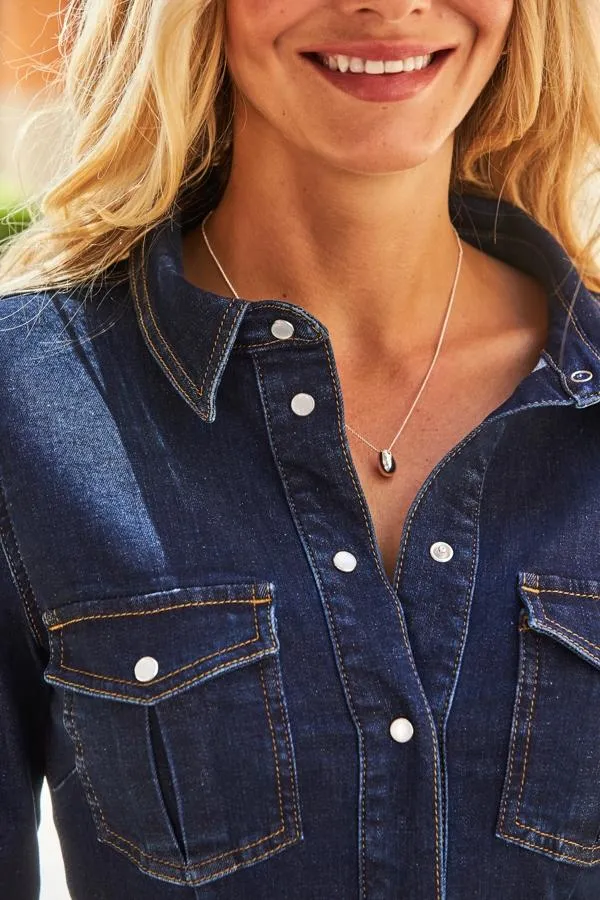 Sosandar Dresses Women Dark Indigo Popper Front Denim Shirt Dress Dark Indigo