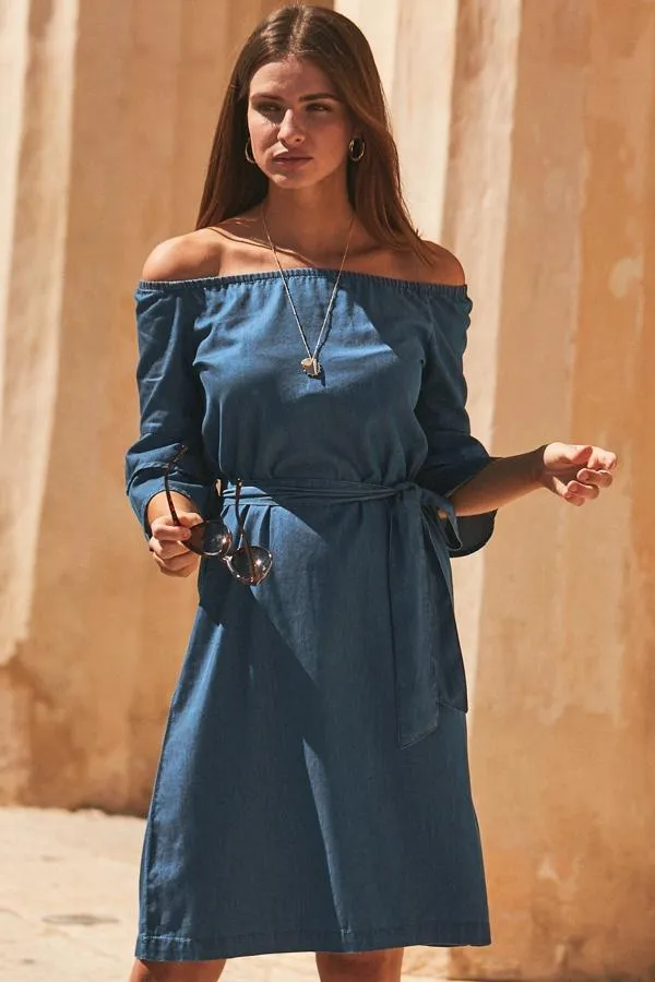 Sosandar Dresses Women Denim Look Ruffle Sleeve Bardot Dress