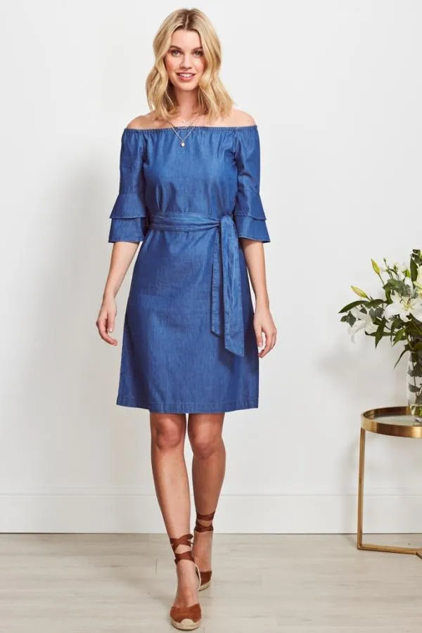 Sosandar Dresses Women Denim Look Ruffle Sleeve Bardot Dress