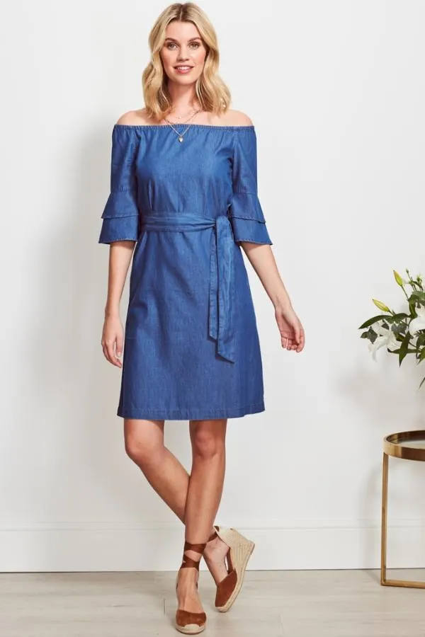 Sosandar Dresses Women Denim Look Ruffle Sleeve Bardot Dress