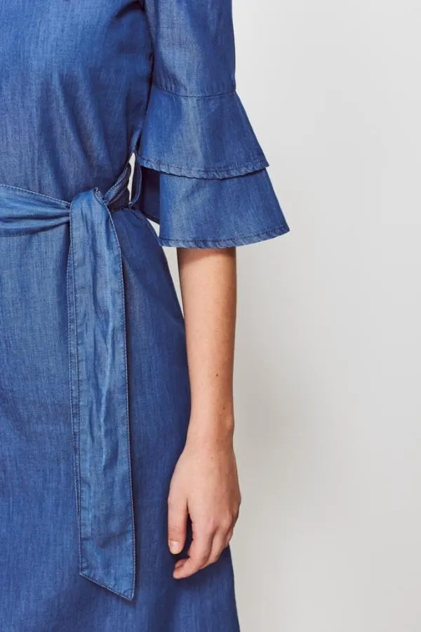 Sosandar Dresses Women Denim Look Ruffle Sleeve Bardot Dress