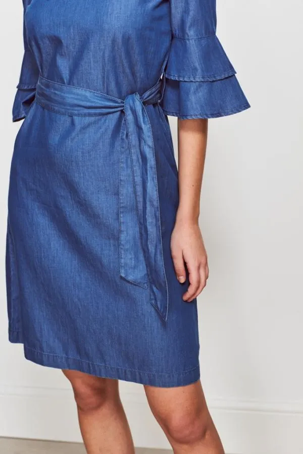 Sosandar Dresses Women Denim Look Ruffle Sleeve Bardot Dress