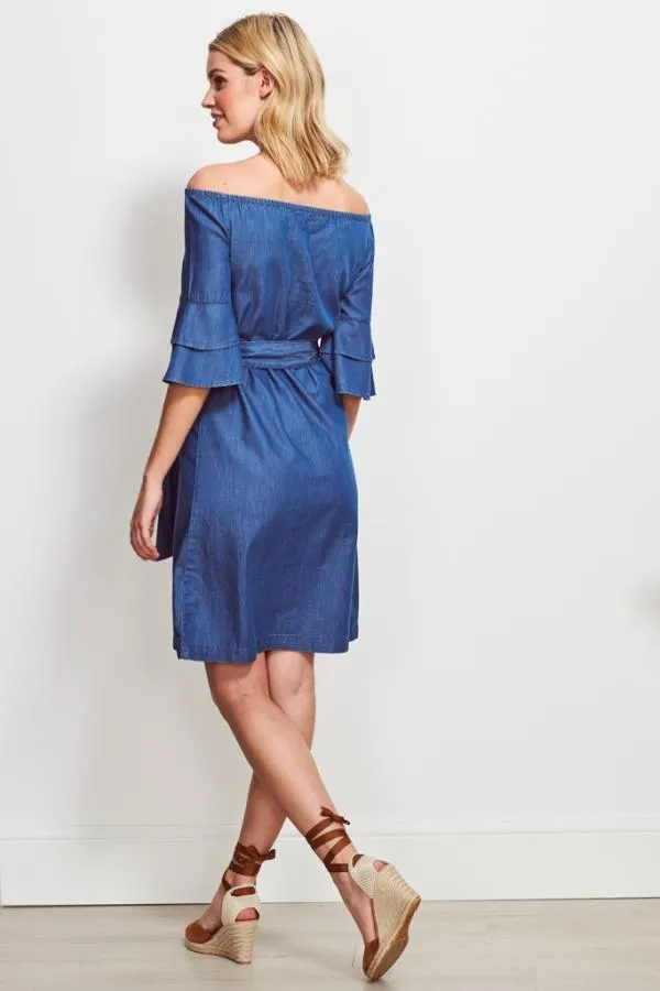 Sosandar Dresses Women Denim Look Ruffle Sleeve Bardot Dress