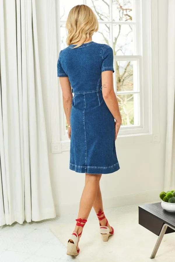 Sosandar Dresses Women Indigo Blue Short Sleeve Round Neck Zip Front Denim Dress Indigo Blue