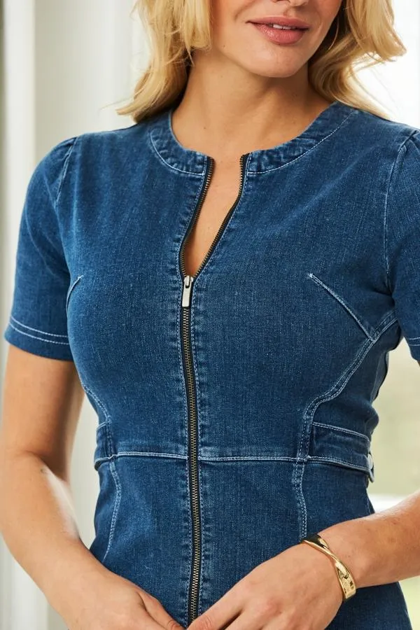 Sosandar Dresses Women Indigo Blue Short Sleeve Round Neck Zip Front Denim Dress Indigo Blue