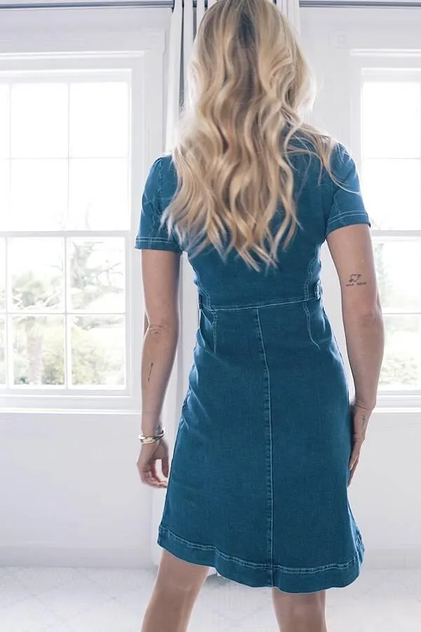 Sosandar Dresses Women Indigo Blue Short Sleeve Round Neck Zip Front Denim Dress Indigo Blue