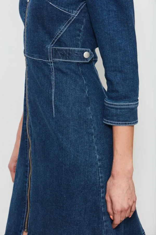 Sosandar Dresses Women Indigo Blue Zip Front Collarless Denim Dress Indigo Blue