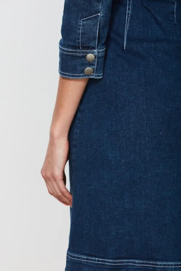 Sosandar Dresses Women Indigo Blue Zip Front Collarless Denim Dress Indigo Blue