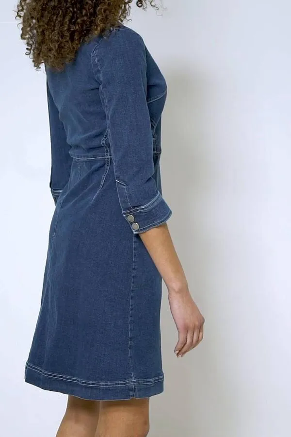 Sosandar Dresses Women Indigo Blue Zip Front Collarless Denim Dress Indigo Blue