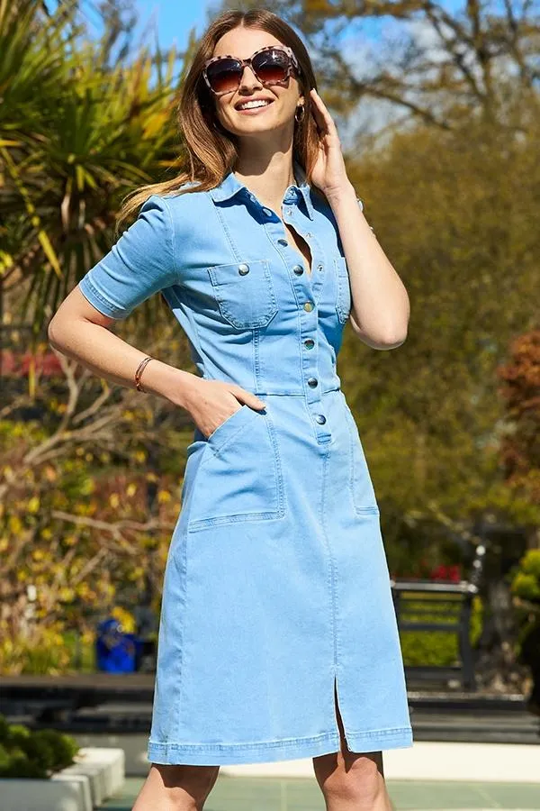 Sosandar Dresses Women Light Wash Popper Front Short Sleeve Denim Dress Light Wash Sosandar Dresses Women Light Wash Popper Front Short Sleeve Denim Dress Light Wash