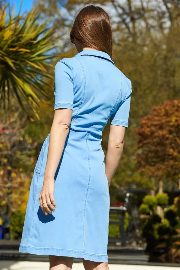 Sosandar Dresses Women Light Wash Popper Front Short Sleeve Denim Dress Light Wash