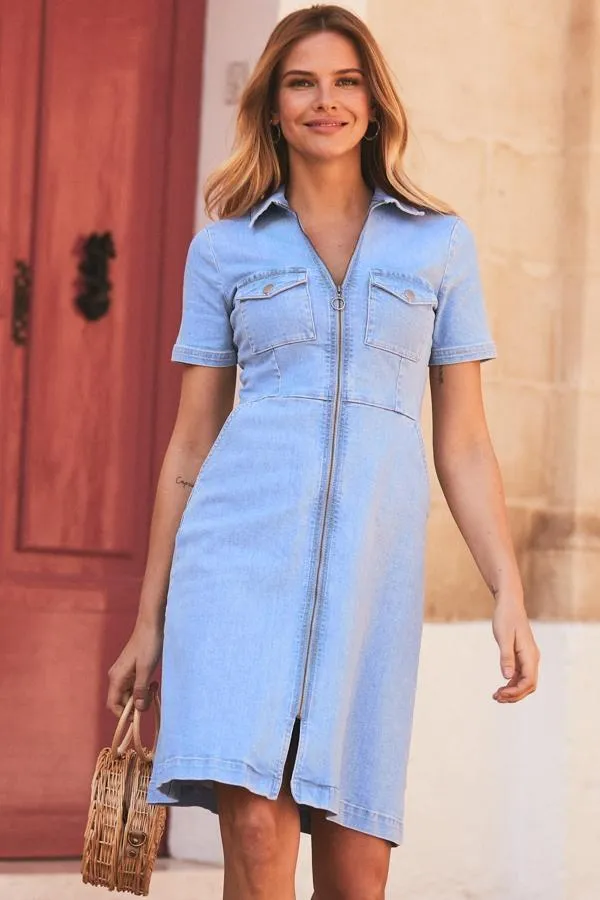 Sosandar Dresses Women Light Wash Short Sleeve Zip Front Denim Dress With Pockets Light Wash Sosandar Dresses Women Light Wash Short Sleeve Zip Front Denim Dress With Pockets Light Wash